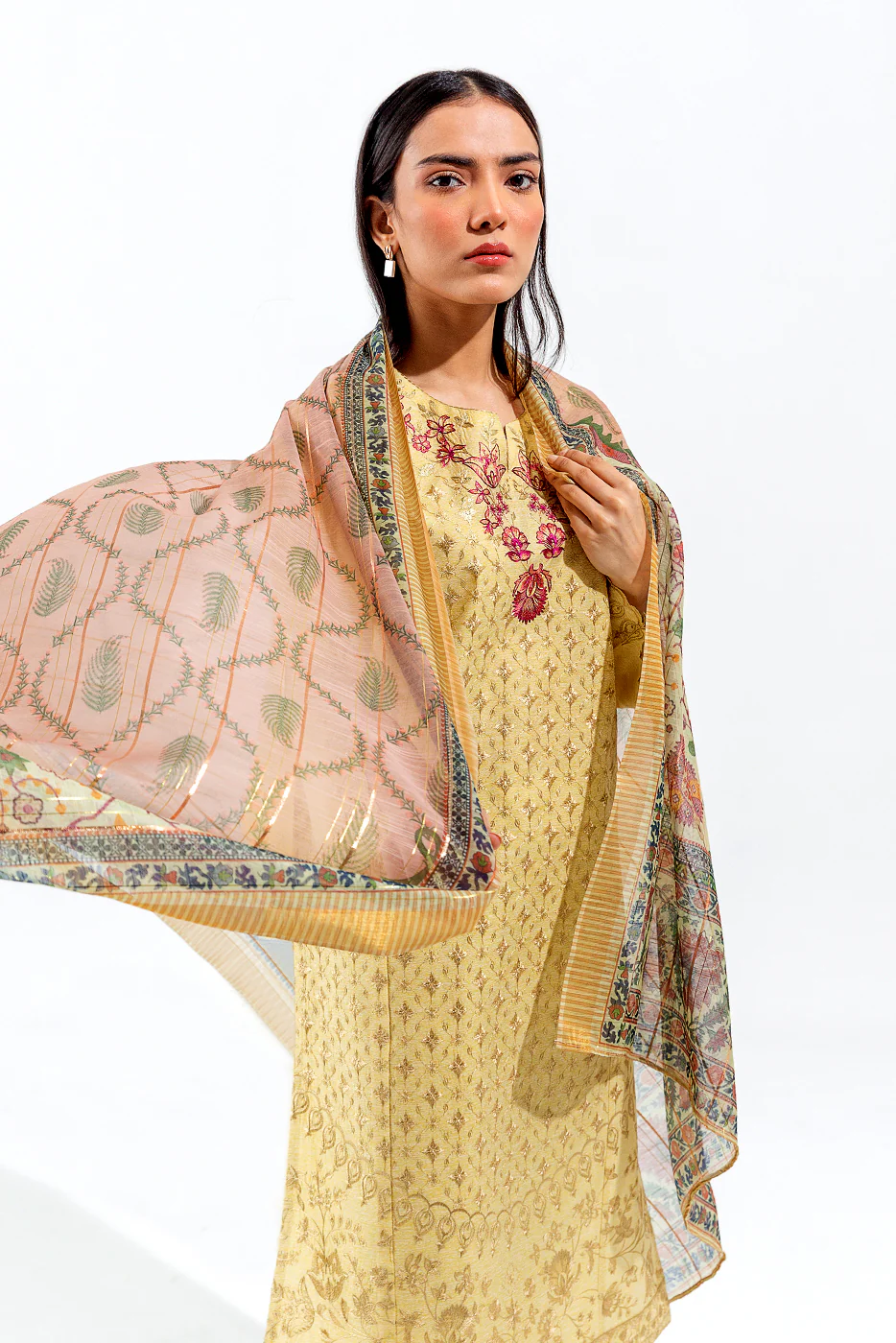 3 PIECE EMBROIDERED SLUB SUIT (LUXURY PRET) - Image 2