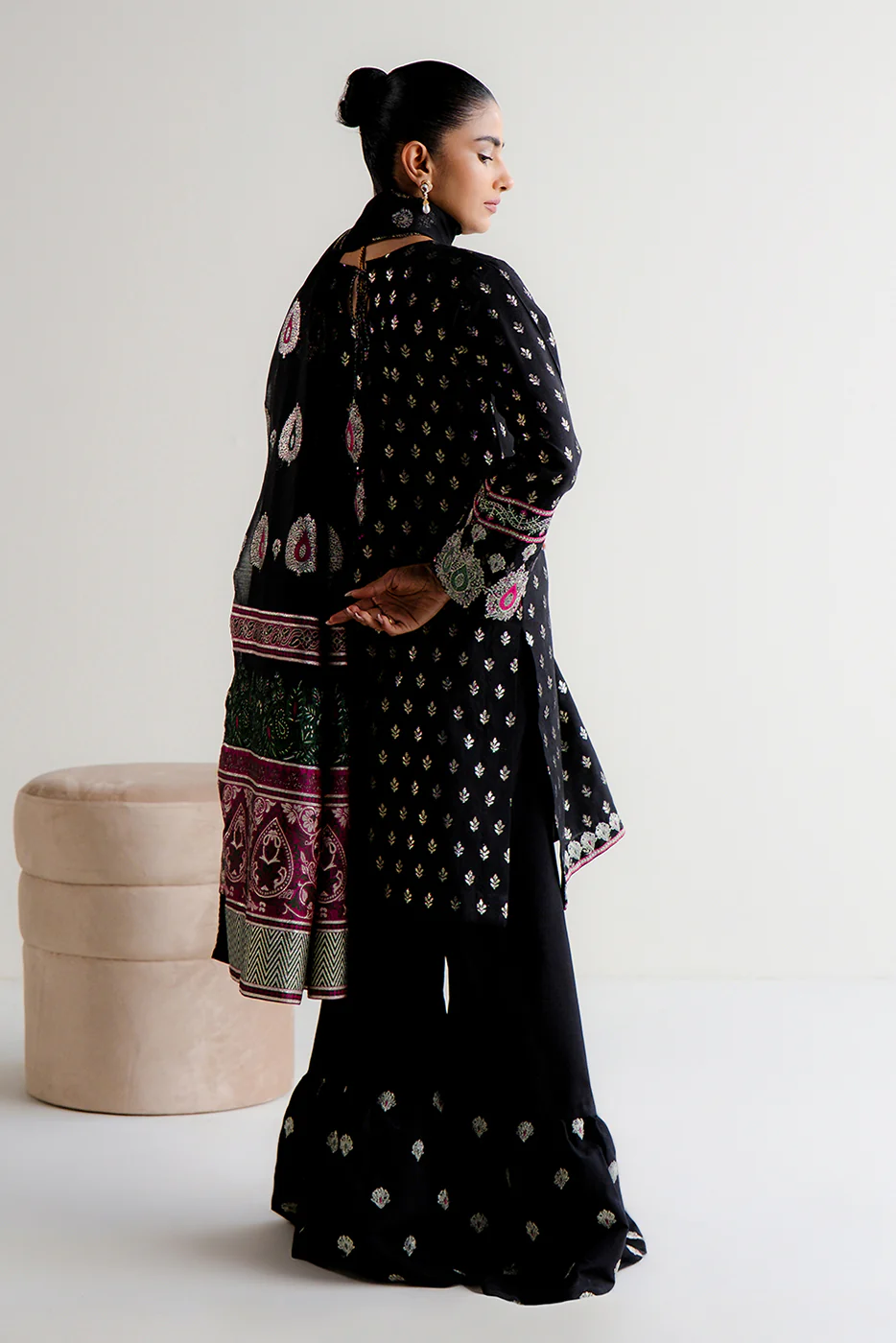 3 PIECE EMBROIDERED JACQUARD SUIT-MOONLIGHT NOIR (UNSTITCHED) - Image 4