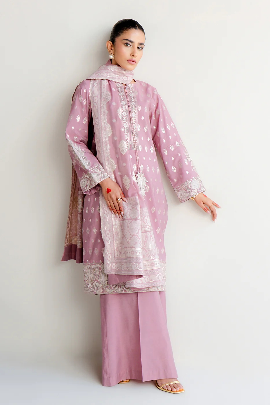 3 PIECE EMBROIDERED JACQUARD SUIT-DUSKY BLUSH (UNSTITCHED) - Image 3