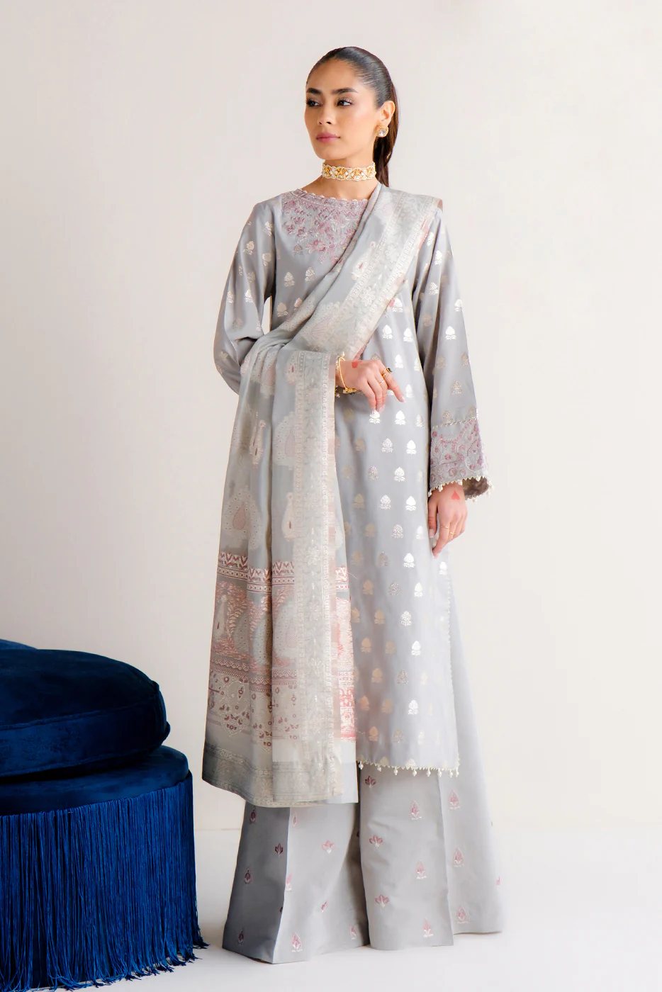 3 PIECE EMBROIDERED JACQUARD SUIT-MYSTIC MISTY (UNSTITCHED) - Image 8