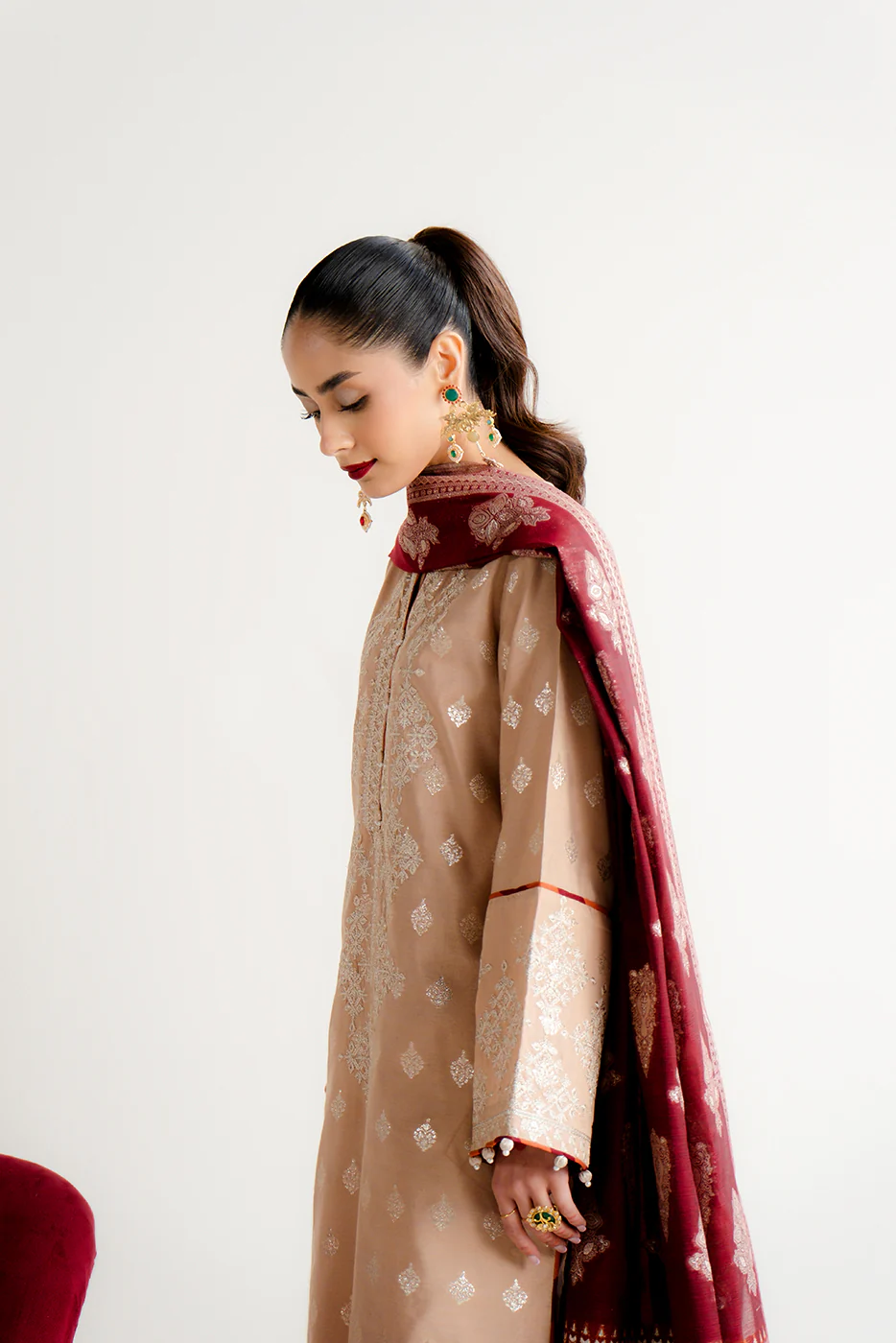3 PIECE EMBROIDERED JACQUARD SUIT-TAUPE TREASURE (UNSTITCHED) - Image 2