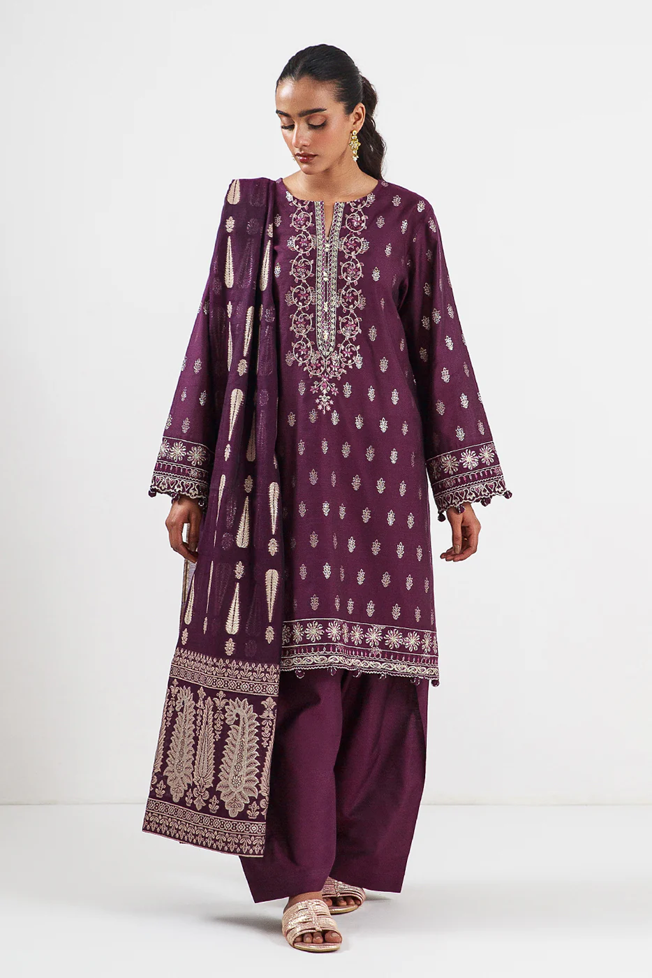 3 PIECE EMBROIDERED JACQUARD SUIT-PLUM SEQUIN (UNSTITCHED) - Image 5