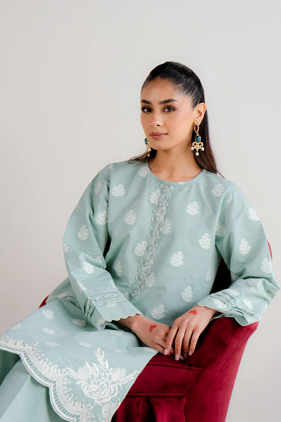 2 PIECE EMBROIDERED TWO TONE JACQUARD SUIT-MISTY MINT (UNSTITCHED) - Image 6