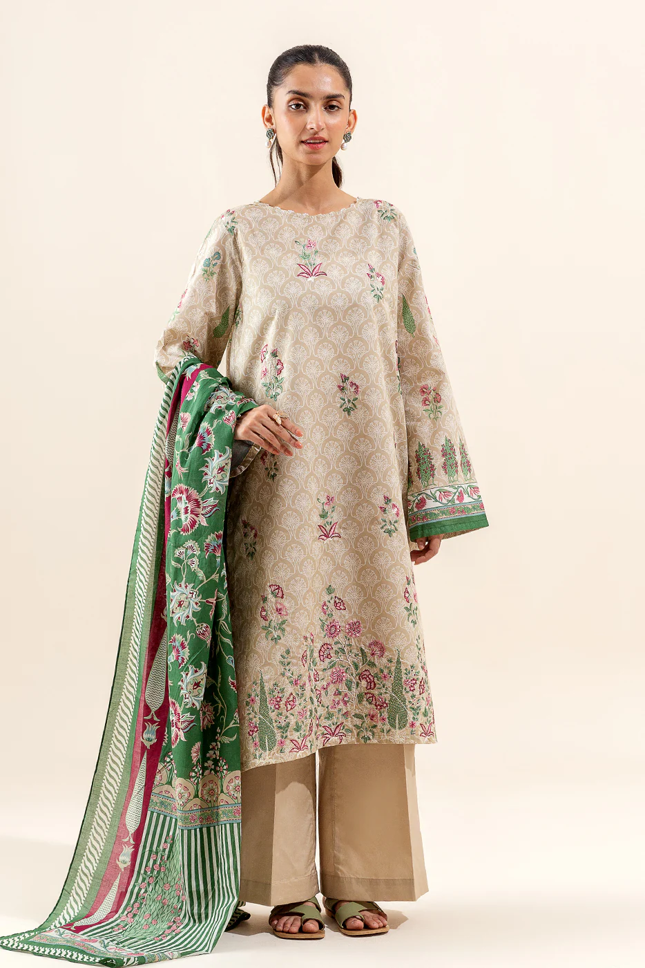 3 PIECE EMBROIDERED LAWN SUIT-CREWEL BEIGE (UNSTITCHED) - Image 3