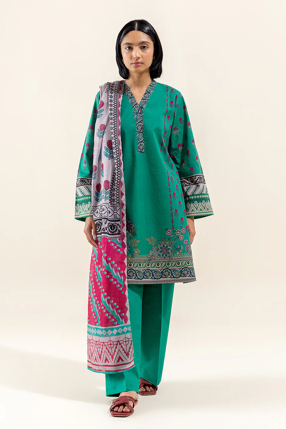 3 PIECE PRINTED LAWN SUIT-BASIL GREEN (UNSTITCHED) - Image 2