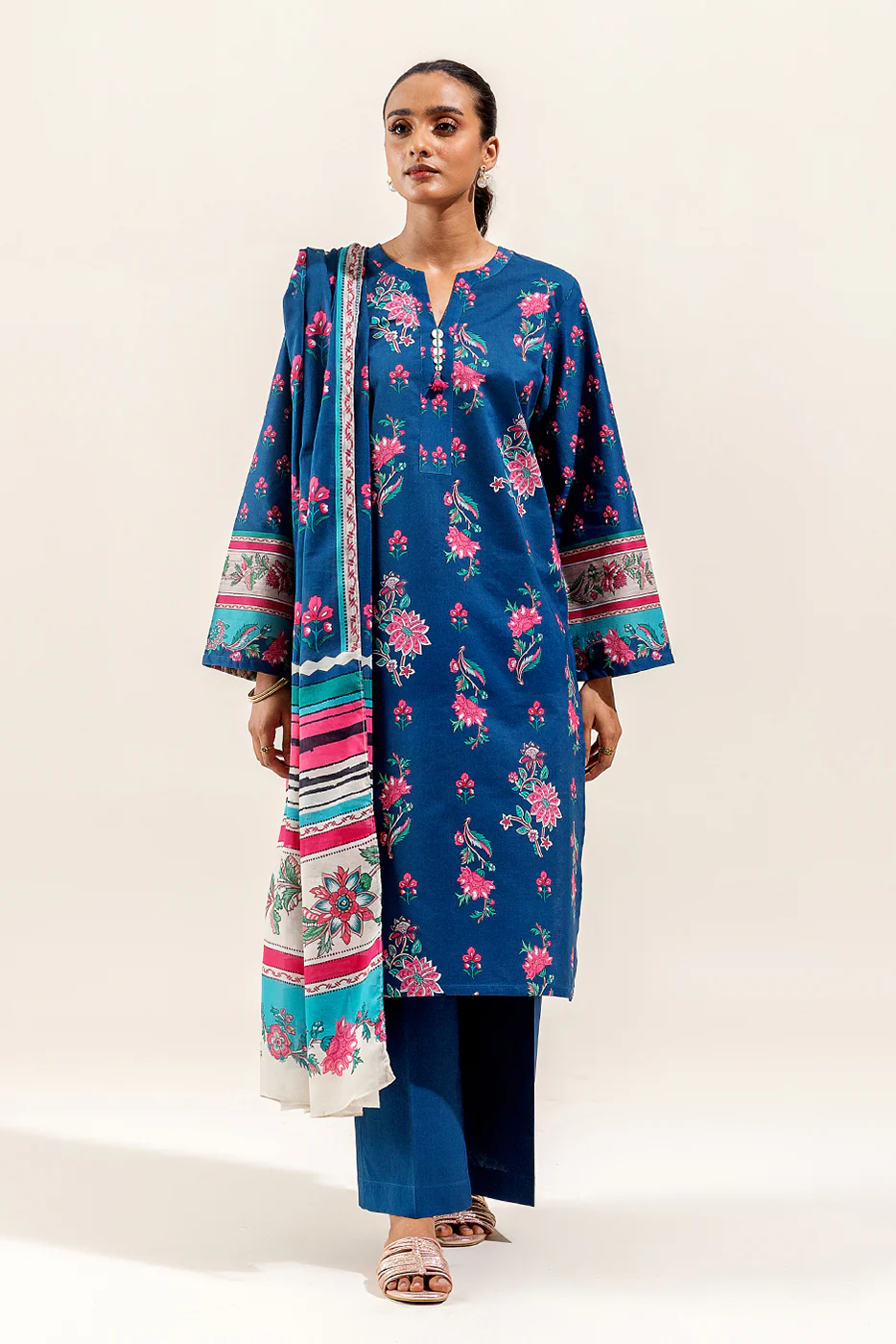 3 PIECE PRINTED SUIT-TEAL FLORA (UNSTITCHED) - Image 2