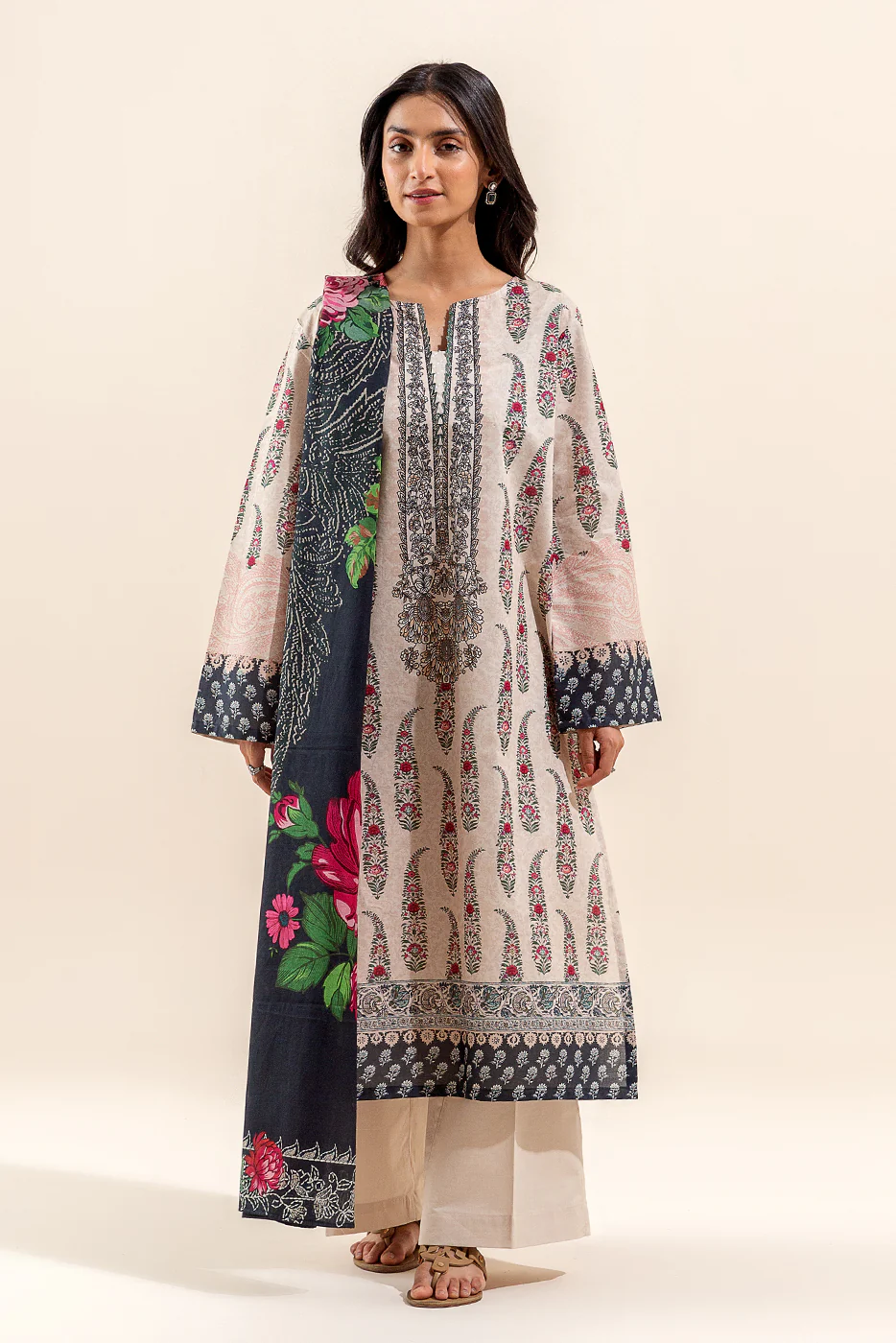 3 PIECE PRINTED LAWN SUIT-PAISLEY TAN (UNSTITCHED) - Image 2