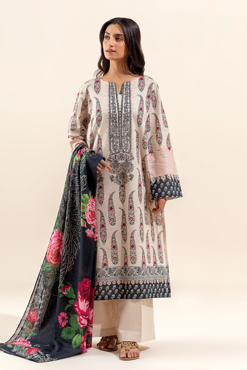 3 PIECE PRINTED LAWN SUIT-PAISLEY TAN (UNSTITCHED) - Image 3