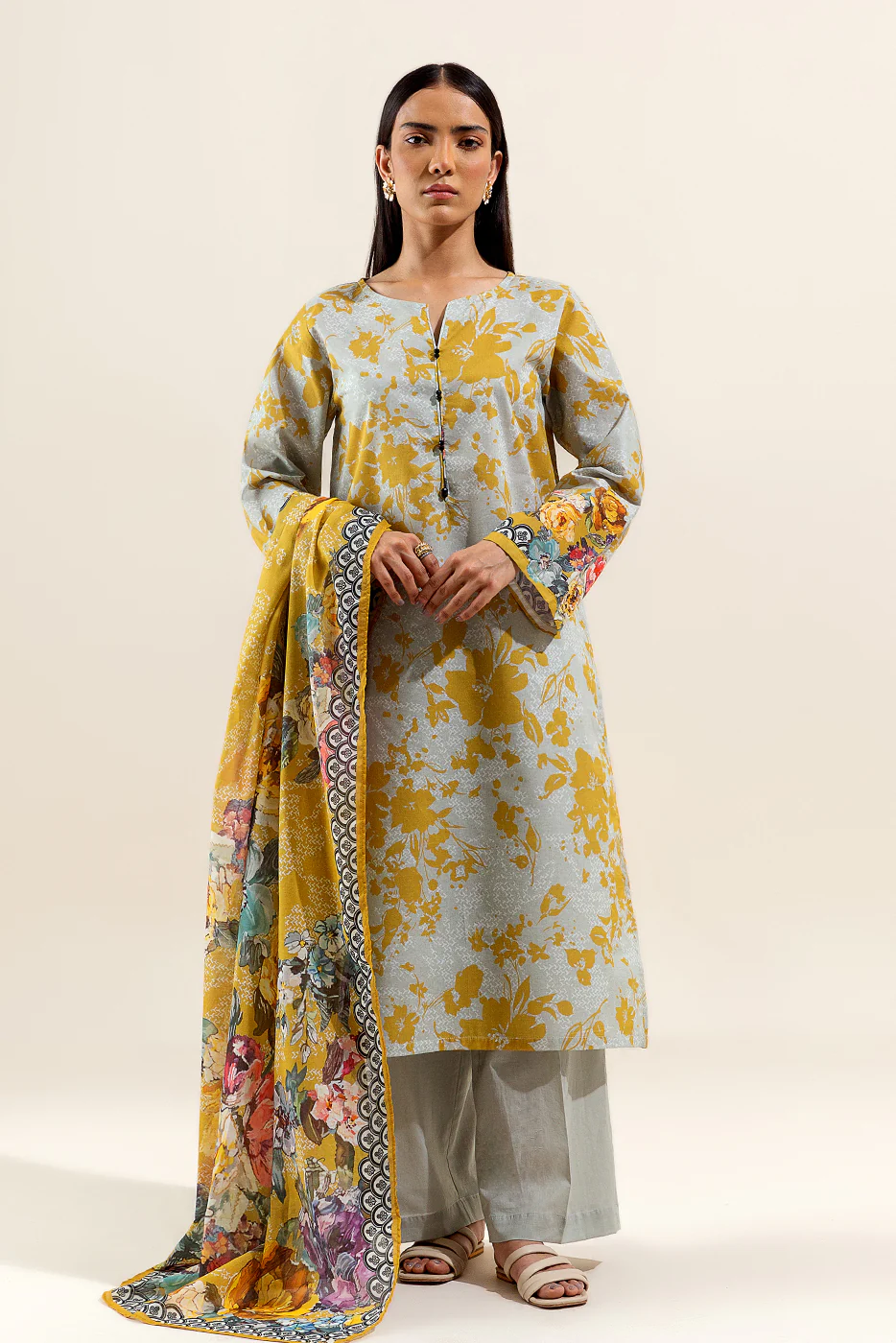 3 PIECE PRINTED LAWN SUIT-CANARY BLOOM (UNSTITCHED) - Image 3
