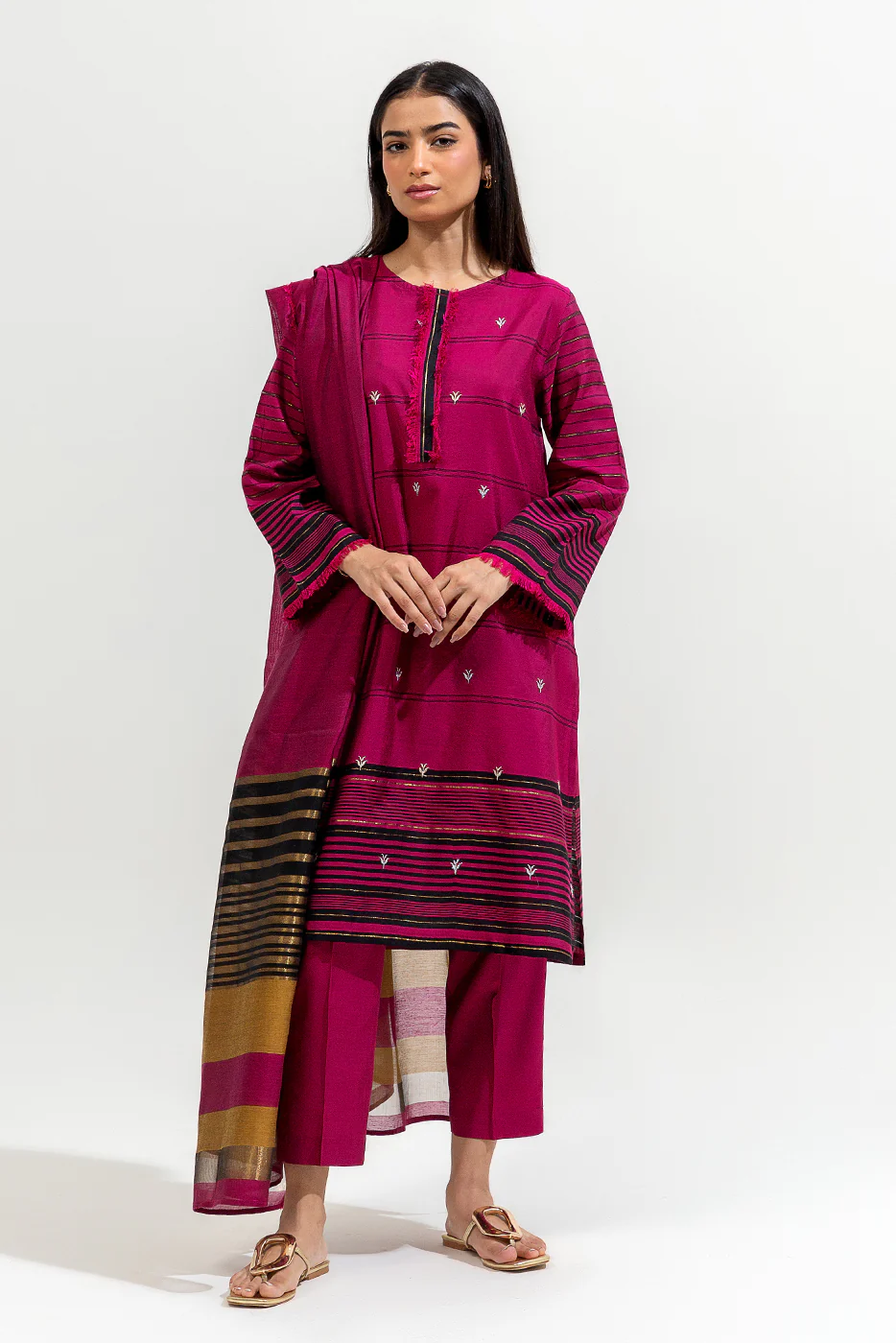 3 PIECE EMBROIDERED YARN DYED SUIT (LUXURY-PRET) - Image 2