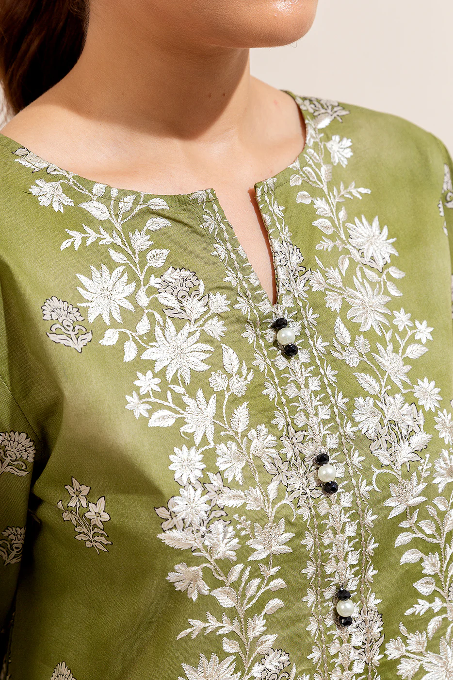 3 PIECE EMBROIDERED LAWN SUIT-OLIVE VERDEL (UNSTITCHED) - Image 5