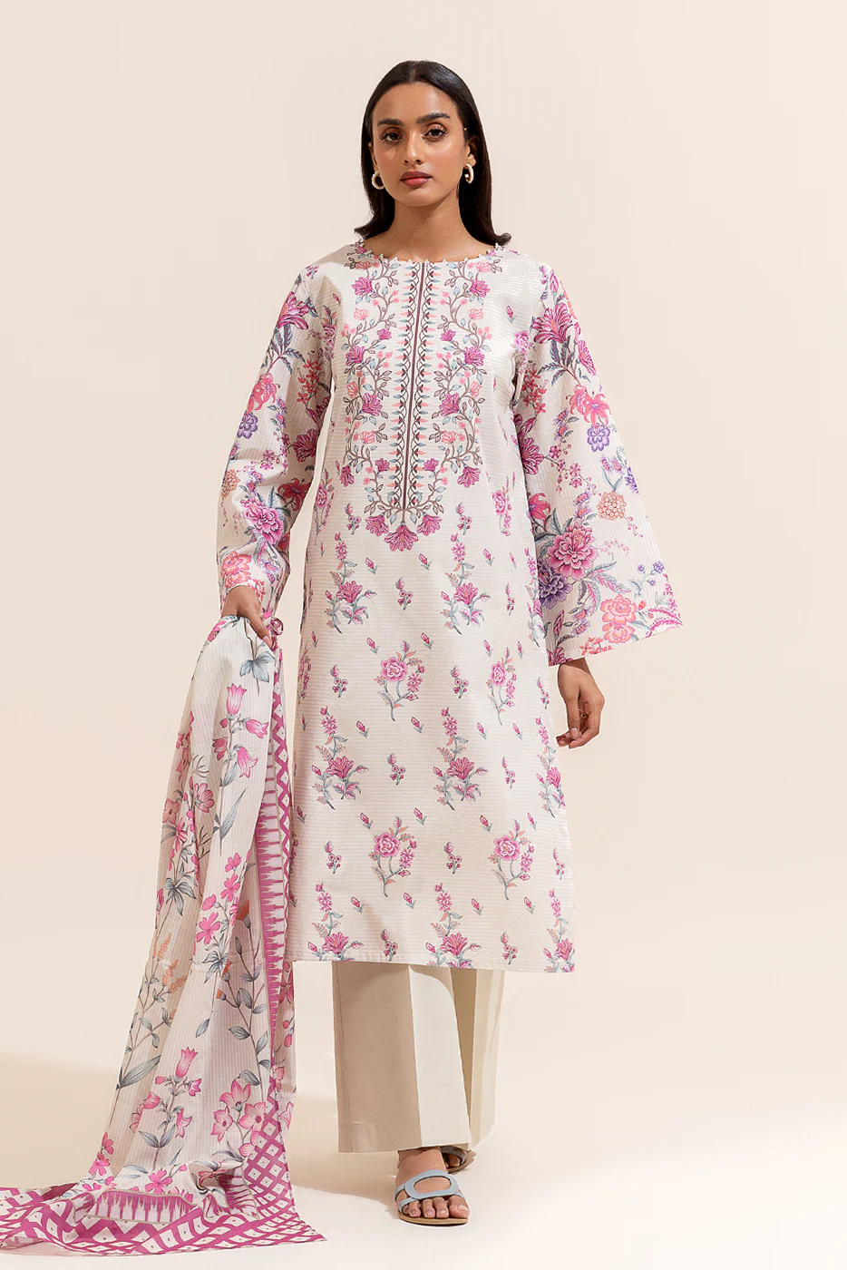 3 PIECE PRINTED LAWN SUIT-CRÈME FLORALS (UNSTITCHED) - Image 3