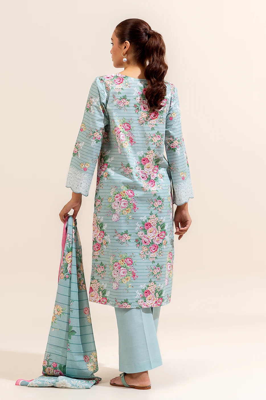 3 PIECE PRINTED LAWN SUIT-CYAN FLORA (UNSTITCHED) - Image 4