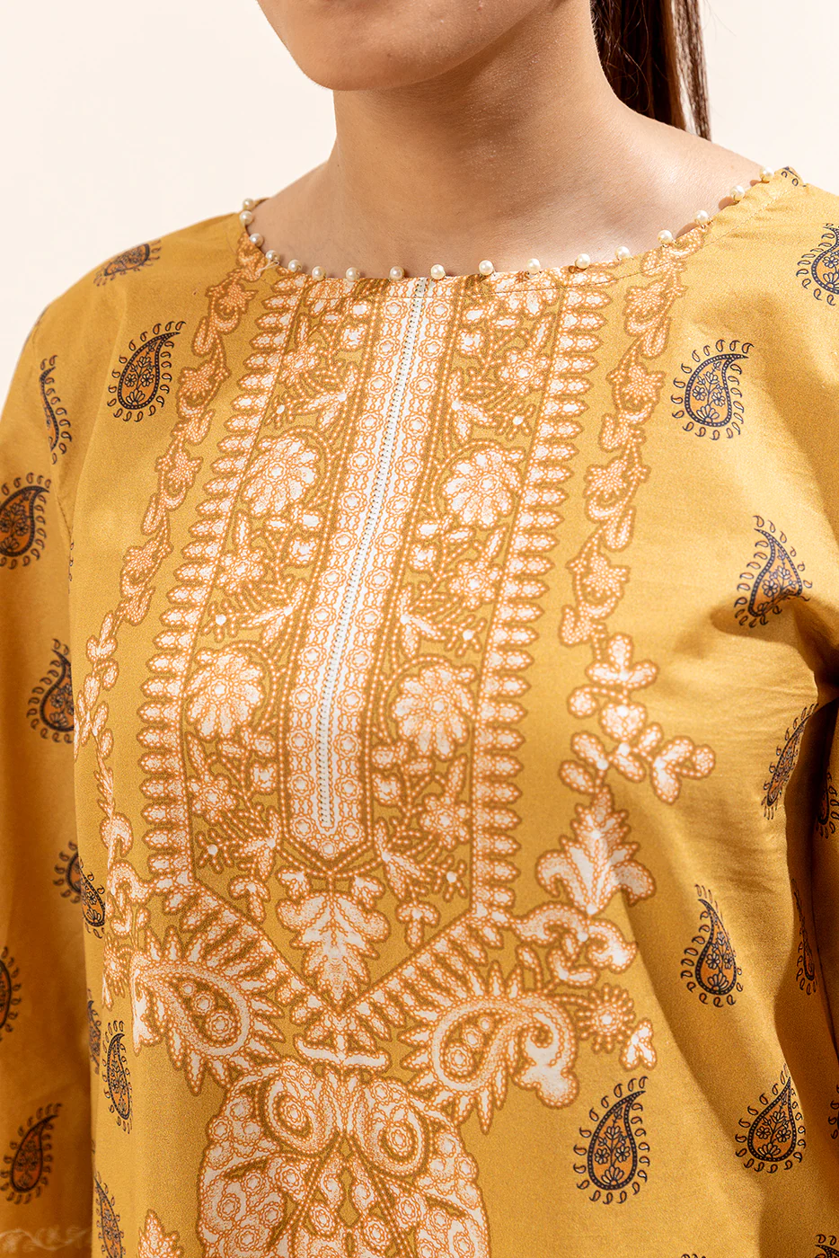 3 PIECE PRINTED LAWN SUIT-MUSTARD FOIL (UNSTITCHED) - Image 2