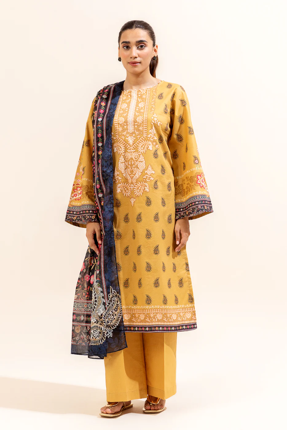 3 PIECE PRINTED LAWN SUIT-MUSTARD FOIL (UNSTITCHED) - Image 4