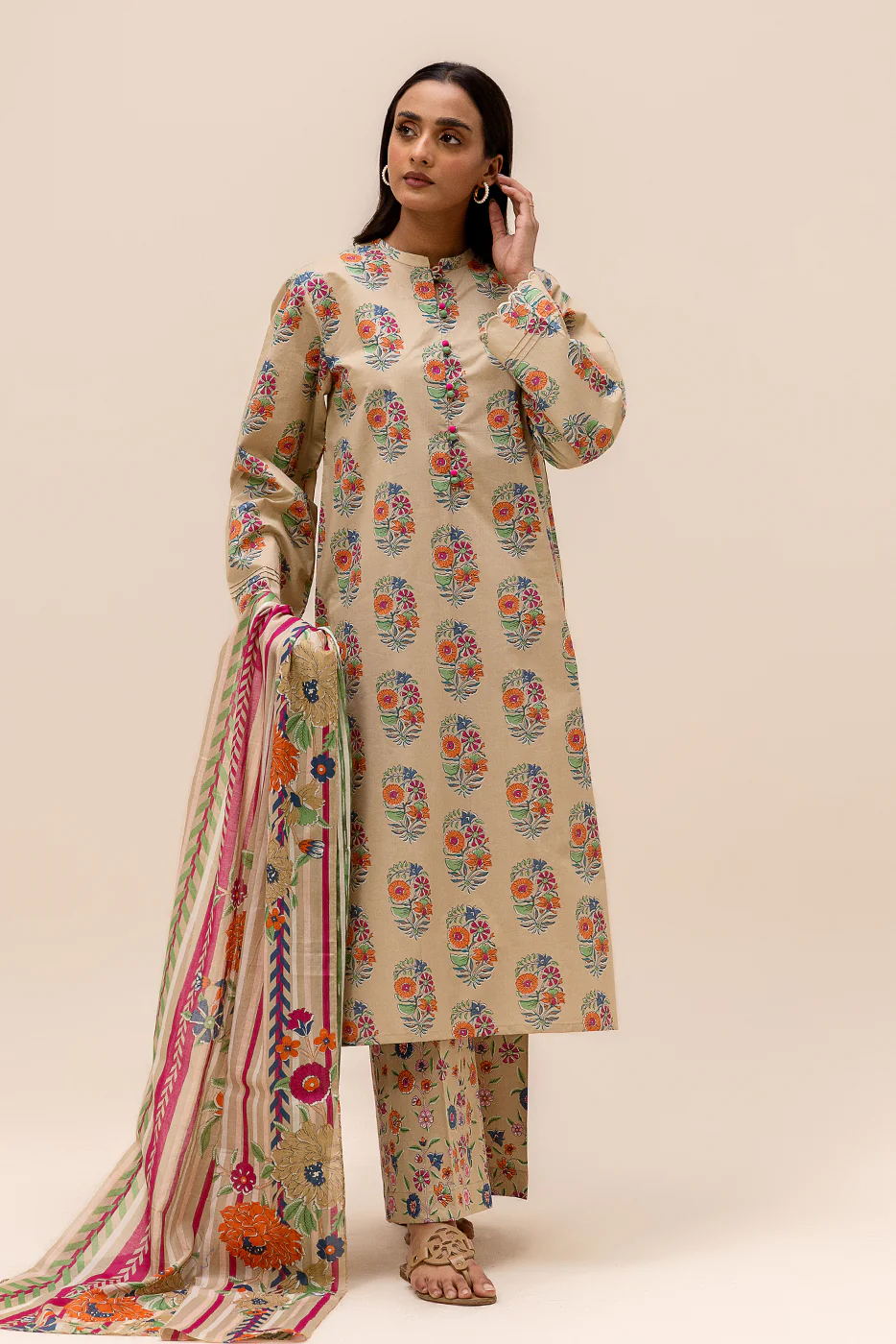 3 PIECE PRINTED LAWN SUIT-SAND FLORET (UNSTITCHED) - Image 3