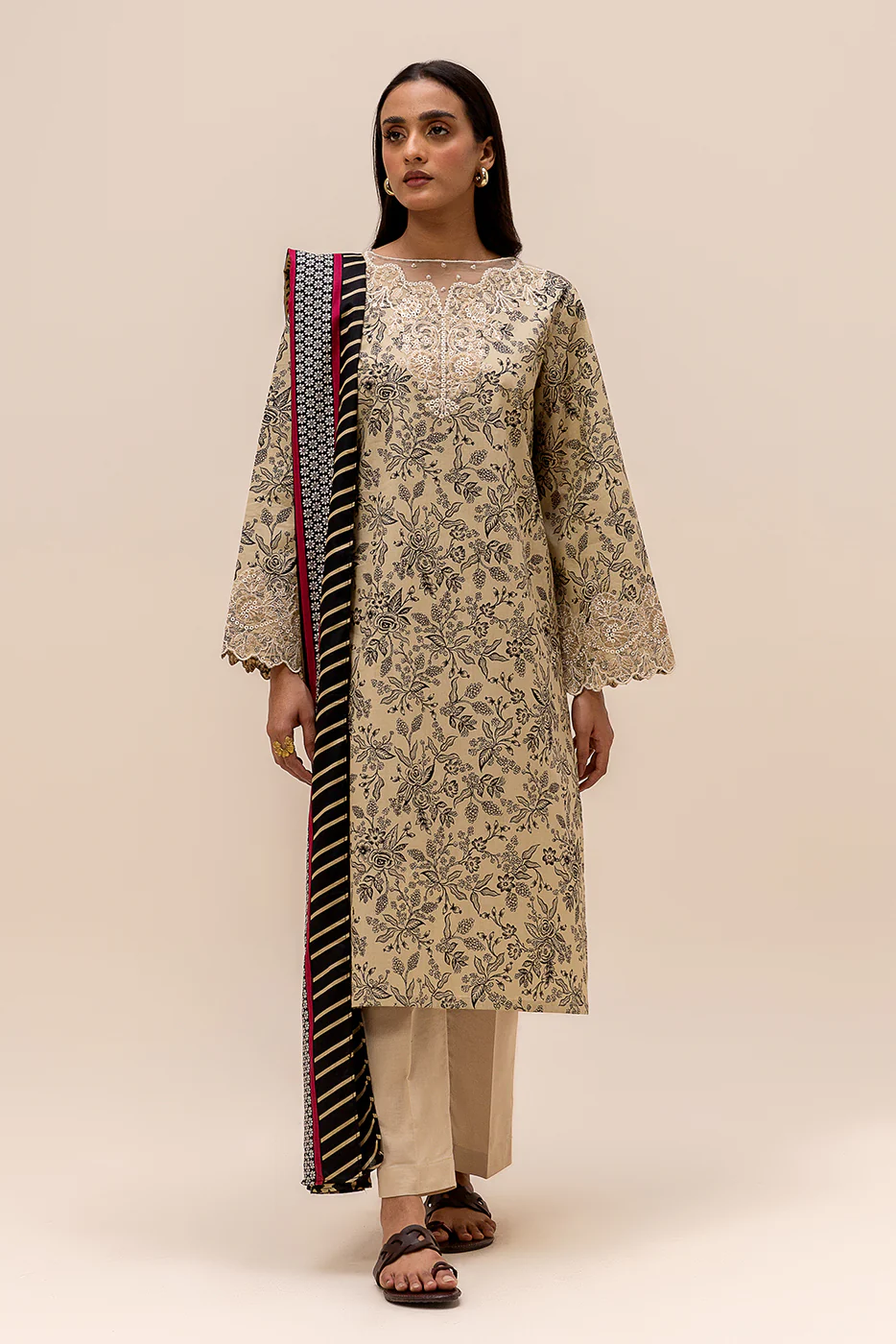 3 PIECE EMBROIDERED LAWN SUIT-BEIGE WHISPER (UNSTITCHED) - Image 2