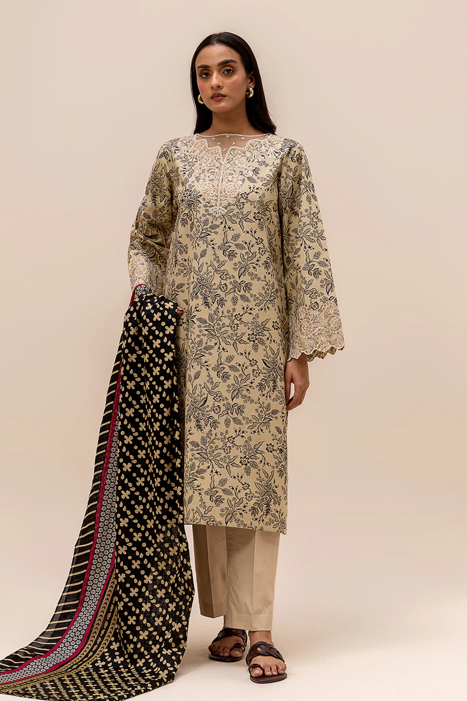 3 PIECE EMBROIDERED LAWN SUIT-BEIGE WHISPER (UNSTITCHED) - Image 3