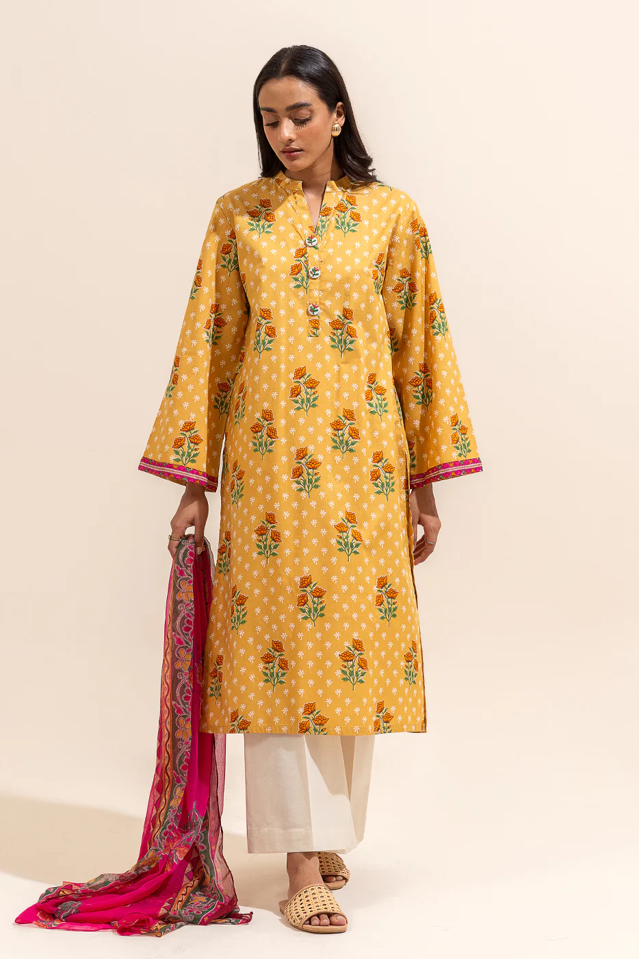 2 PIECE PRINTED LAWN SUIT-MUSTARD VINES (UNSTITCHED) - Image 2