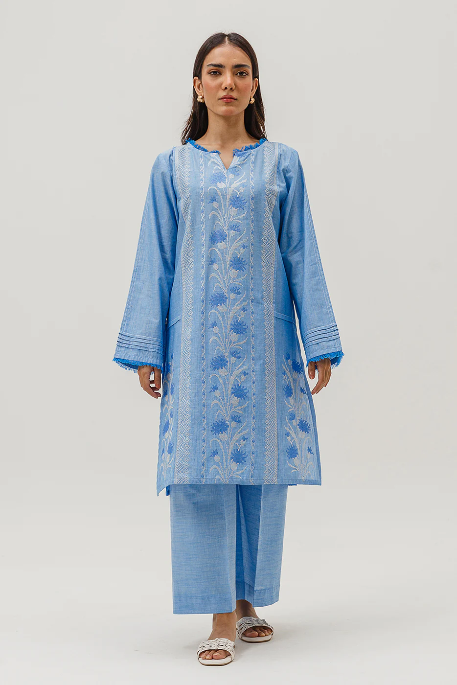 2 PIECE EMBROIDERED CHAMBRAY SUIT (PRET) - Image 2