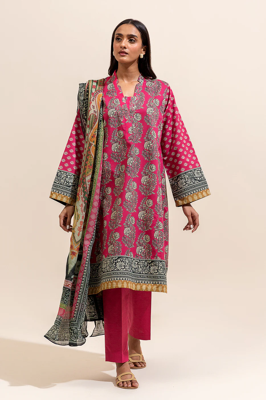 3 PIECE PRINTED LAWN SUIT-CERISE MESH ( UNSTITCHED) - Image 2