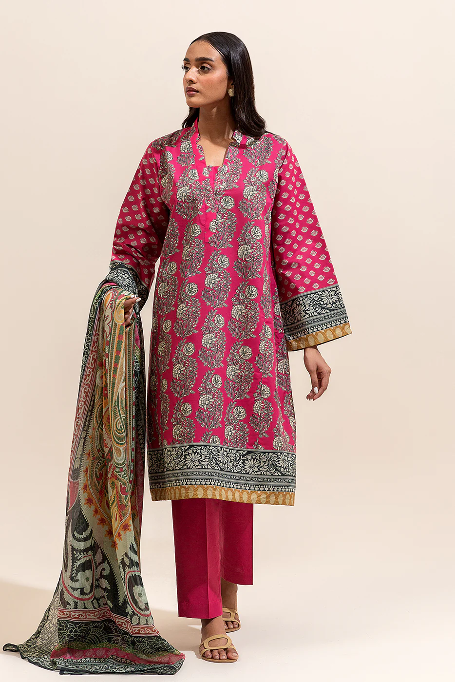 3 PIECE PRINTED LAWN SUIT-CERISE MESH ( UNSTITCHED) - Image 3