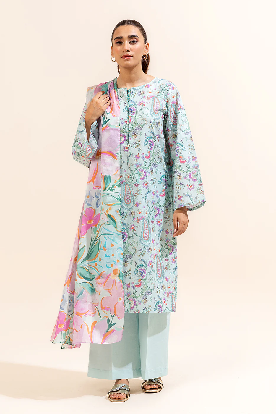 3 PIECE PRINTED LAWN SUIT-POWDER BLUE (UNSTITCHED) - Image 4