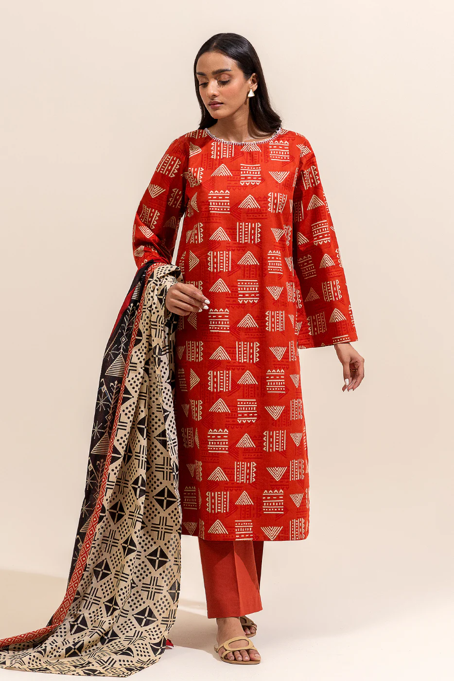 3 PIECE PRINTED LAWN SUIT-SCARLET GRID ( UNSTITCHED) - Image 3