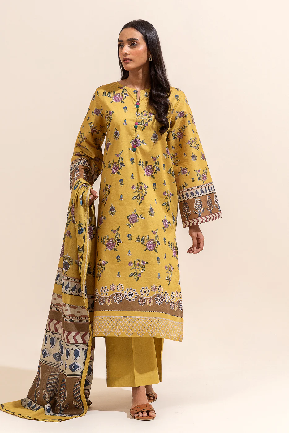 3 PIECE PRINTED LAWN SUIT-YELLOW FERN (UNSTITCHED) - Image 2