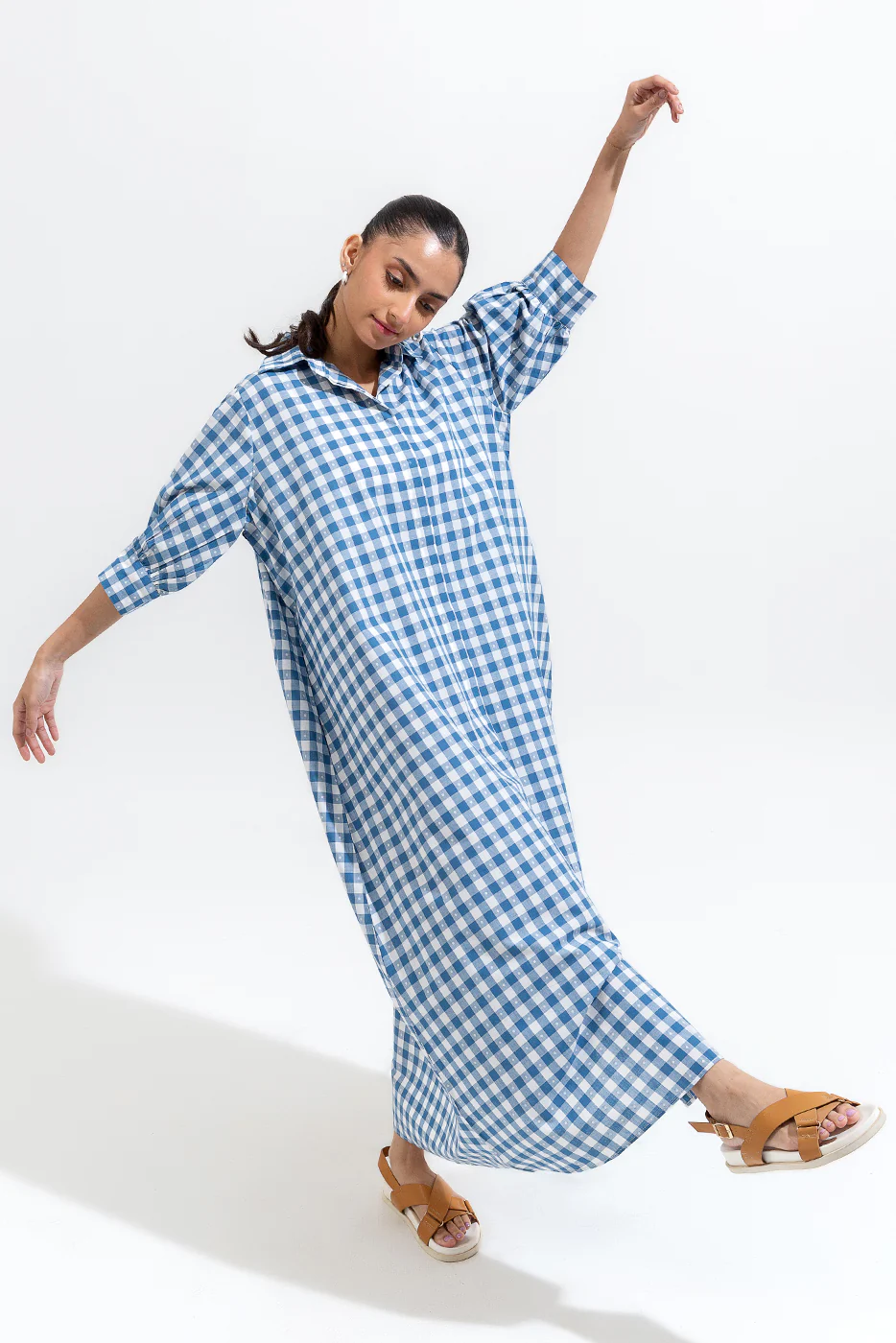 BLUE GINGHAM LONG A-LIGH DRESS - Image 2