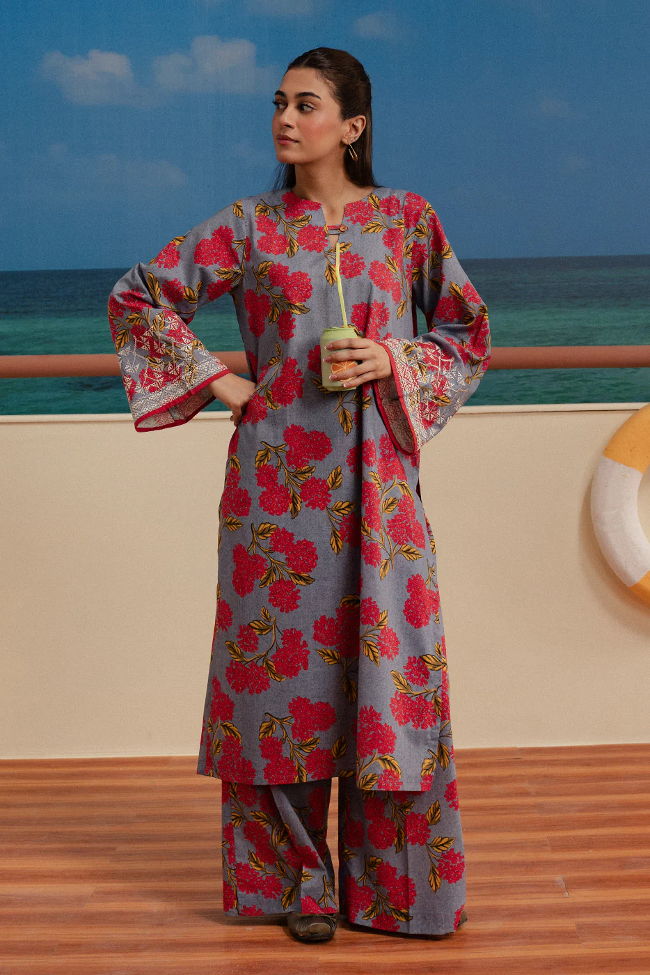 2 PIECE EMBROIDERED TWO WAY SLUB SUIT (PRET) - Image 2