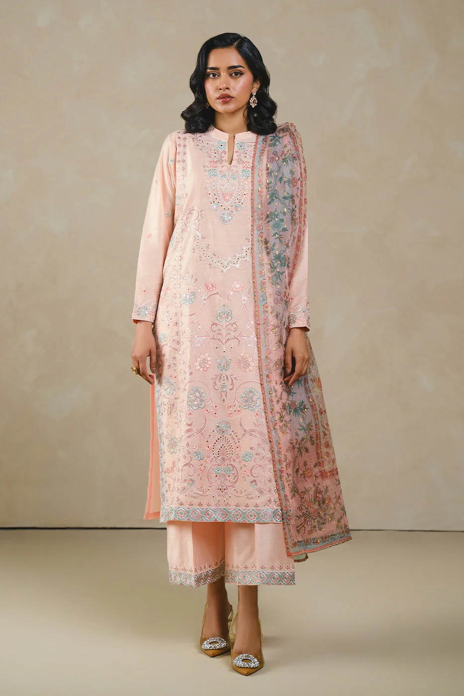 3 PIECE EMBROIDERED TWO TONE SUIT (LUXURY PRET) - Image 3