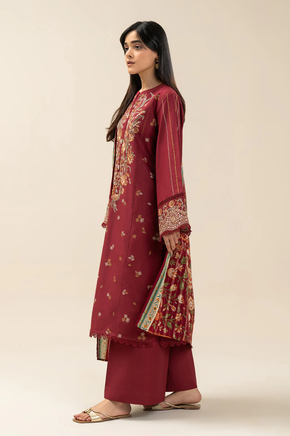 3 PIECE EMBROIDERED LAWN SUIT-MALEFICENT MAROON (UNSTITCHED) - Image 5