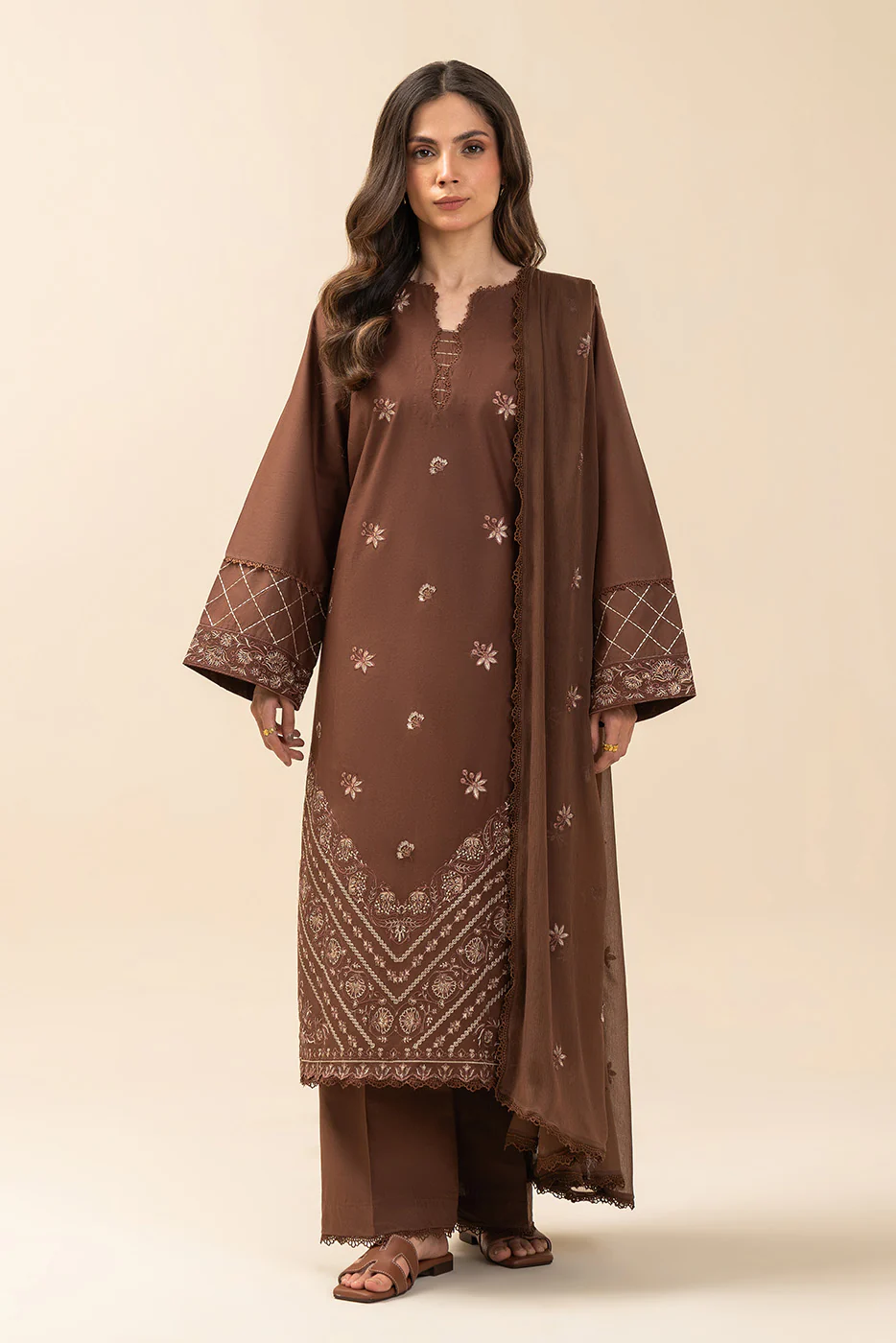 3 PIECE EMBROIDERED LAWN SUIT-MAHOGANY (UNSTITCHED) - Image 2