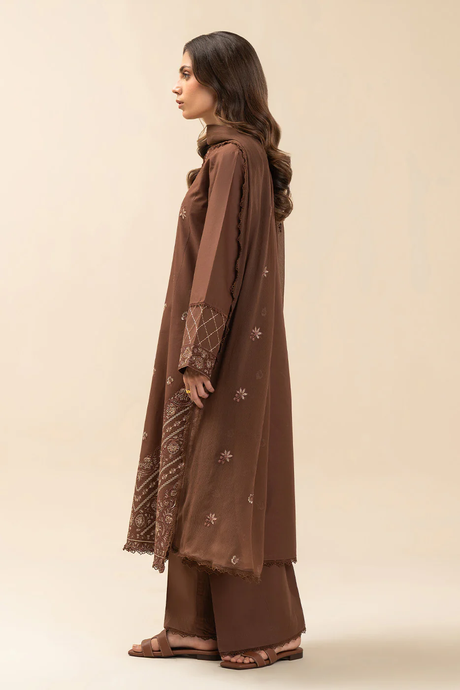 3 PIECE EMBROIDERED LAWN SUIT-MAHOGANY (UNSTITCHED) - Image 3