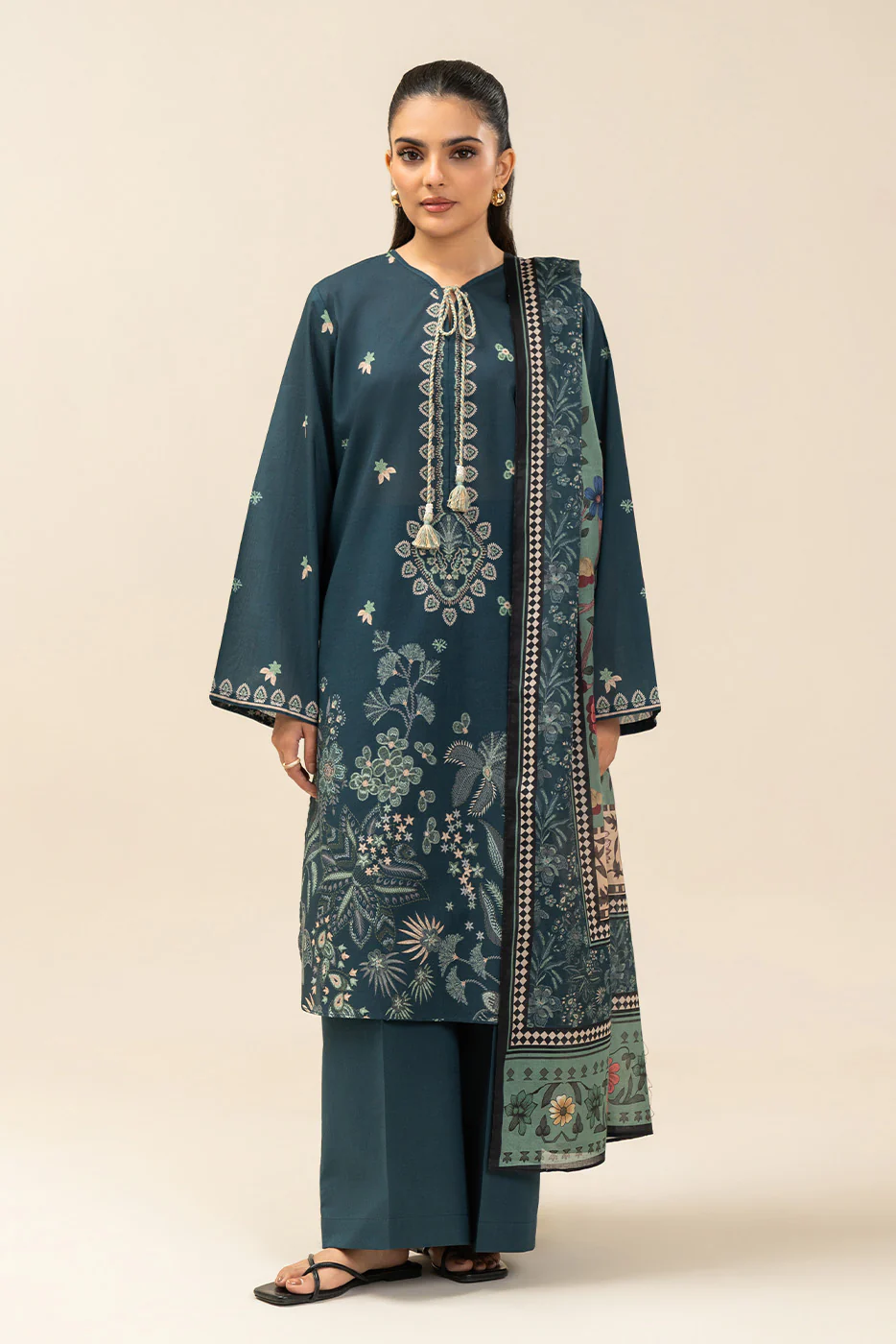 3 PIECE PRINTED LAWN SUIT-MYSTIC TEAL (UNSTITCHED) - Image 2