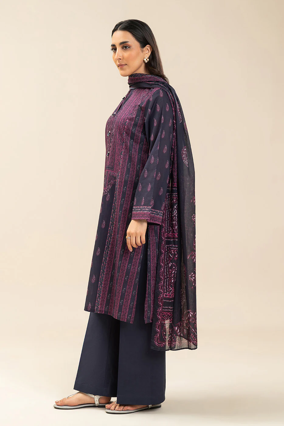 3 PIECE PRINTED LAWN SUIT-RETRO BLUE (UNSTITCHED) - Image 2