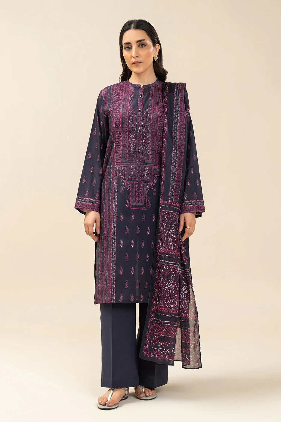 3 PIECE PRINTED LAWN SUIT-RETRO BLUE (UNSTITCHED) - Image 5