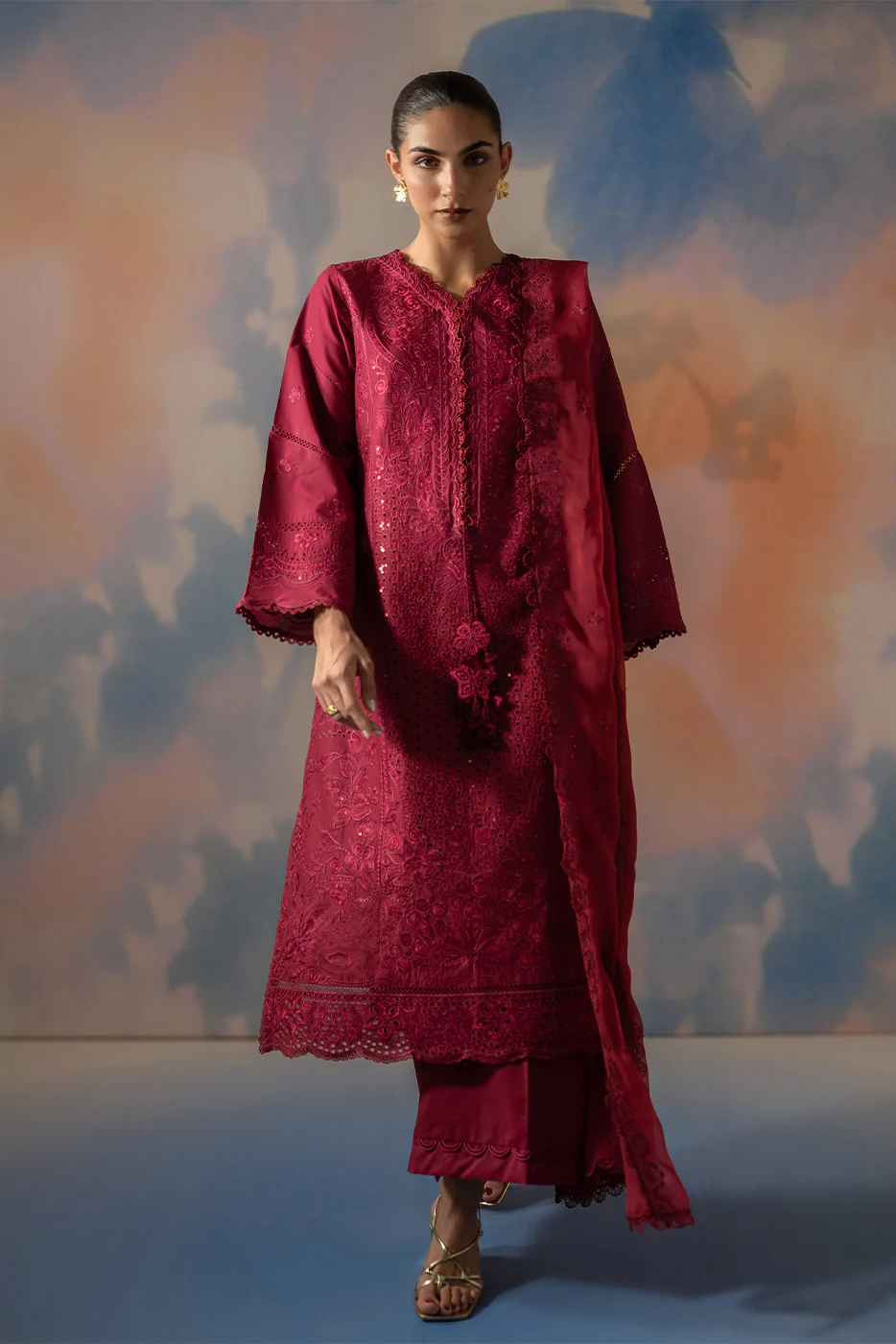 3 PIECE EMBROIDERED CHIKANKARI SUIT WITH BAMBER DUPATTA-CRIMSON CORE (UNSTITCHED) - Image 3