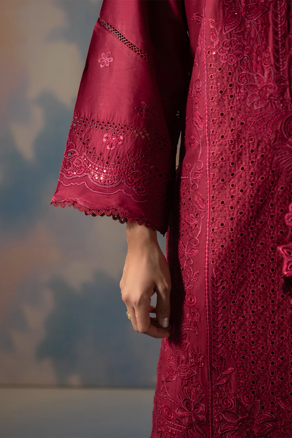 3 PIECE EMBROIDERED CHIKANKARI SUIT WITH BAMBER DUPATTA-CRIMSON CORE (UNSTITCHED) - Image 8