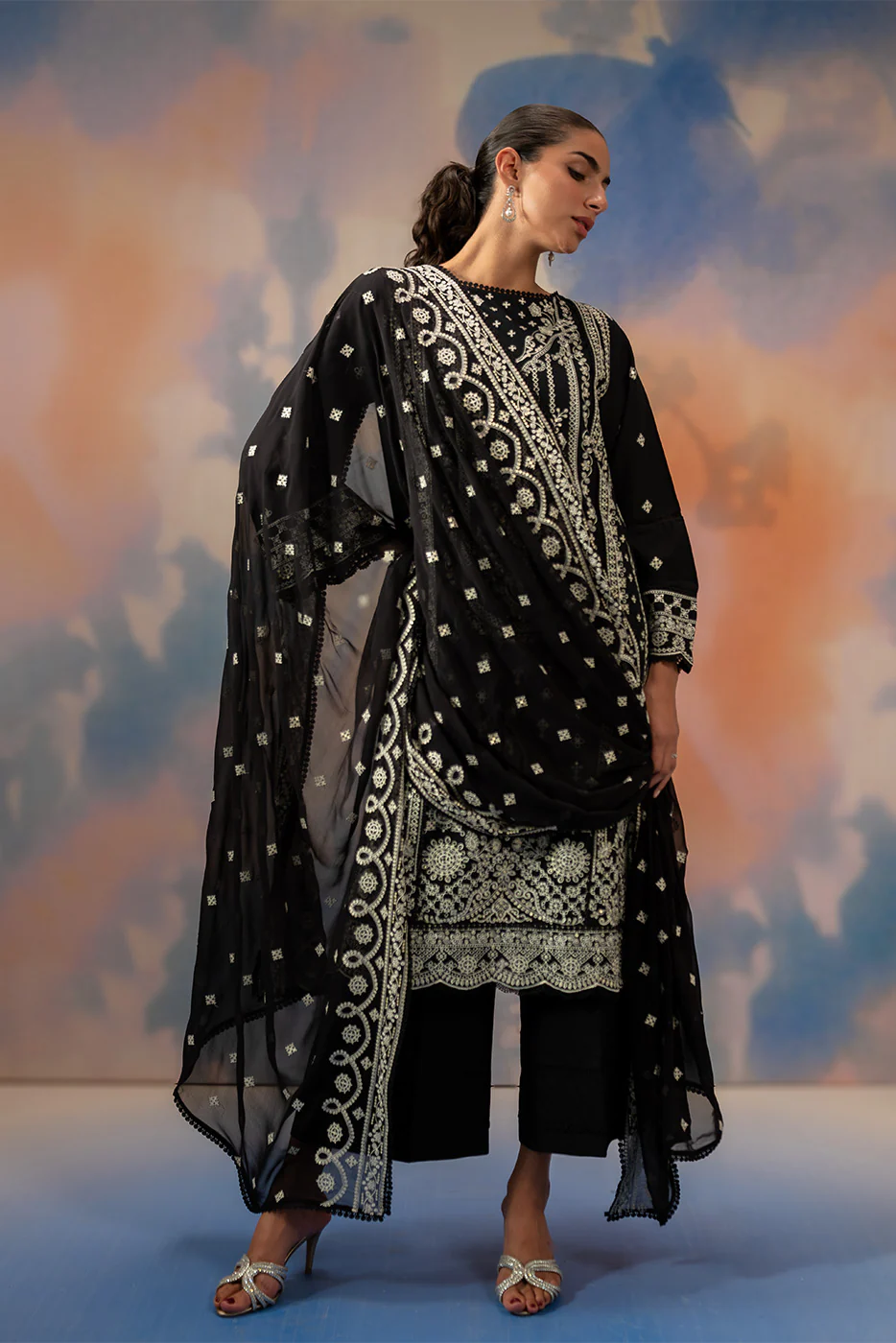 3 PIECE EMBROIDERED CHIKANKARI SUIT WITH BAMBER DUPATTA-NOIR STARLIT (UNSTITCHED) - Image 6