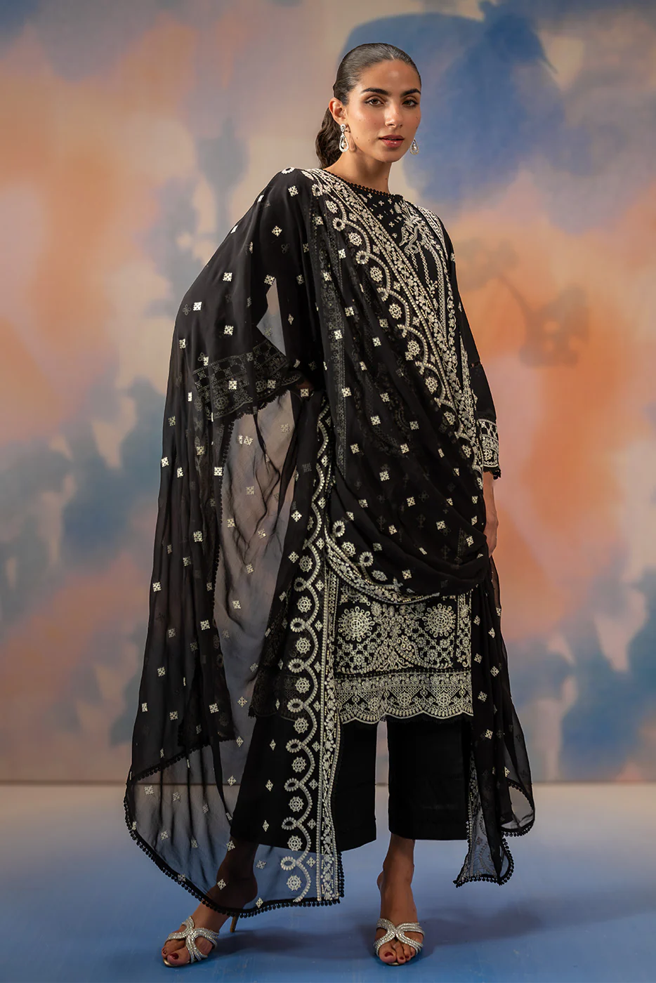 3 PIECE EMBROIDERED CHIKANKARI SUIT WITH BAMBER DUPATTA-NOIR STARLIT (UNSTITCHED) - Image 7
