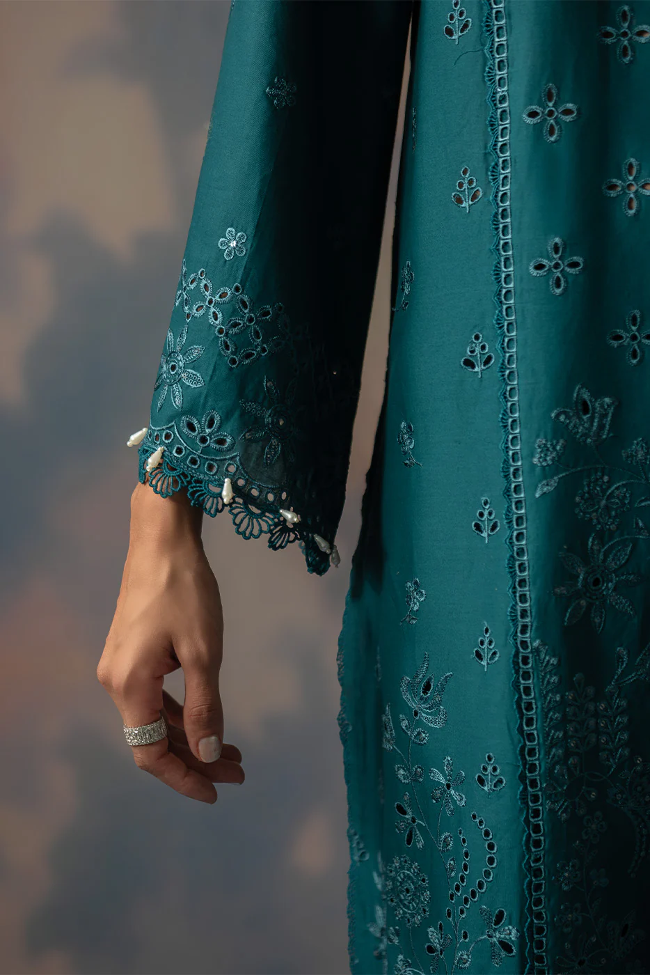 3 PIECE EMBROIDERED CHIKANKARI SUIT WITH BAMBER DUPATTA-TEAL OPULENCE (UNSTITCHED) - Image 3