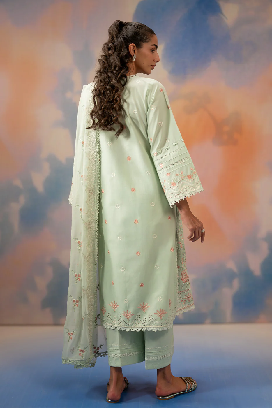 3 PIECE EMBROIDERED CHIKANKARI SUIT WITH BAMBER DUPATTA-MINT HALO (UNSTITCHED) - Image 2