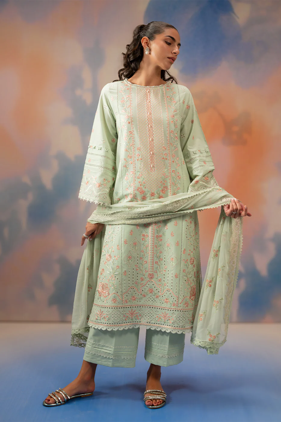 3 PIECE EMBROIDERED CHIKANKARI SUIT WITH BAMBER DUPATTA-MINT HALO (UNSTITCHED) - Image 3