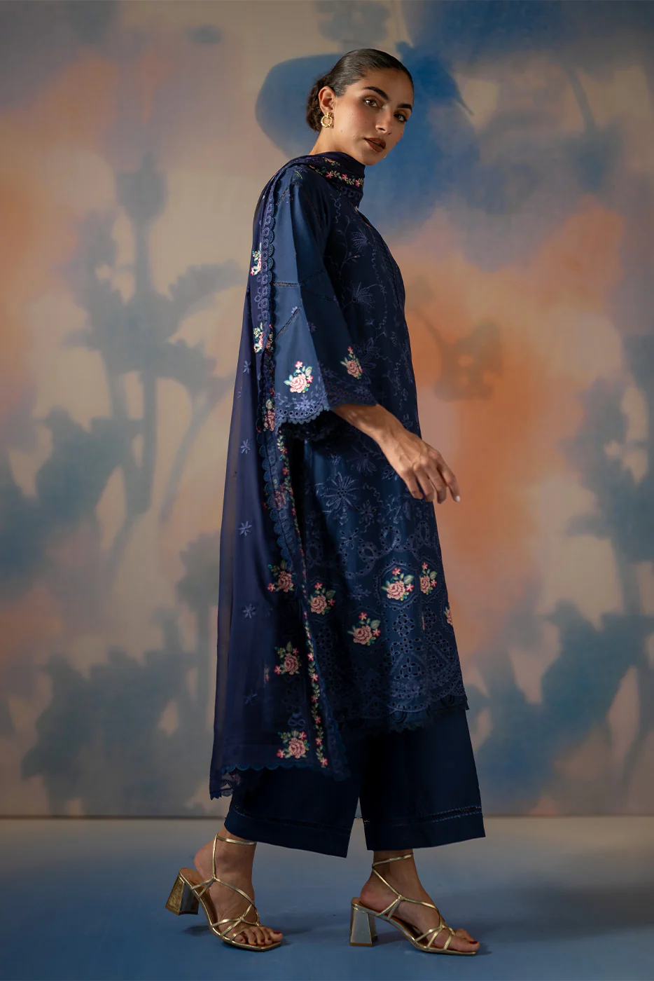 3 PIECE EMBROIDERED CHIKANKARI SUIT WITH BAMBER DUPATTA-COSMIC SAPPHIRE (UNSTITCHED) - Image 2