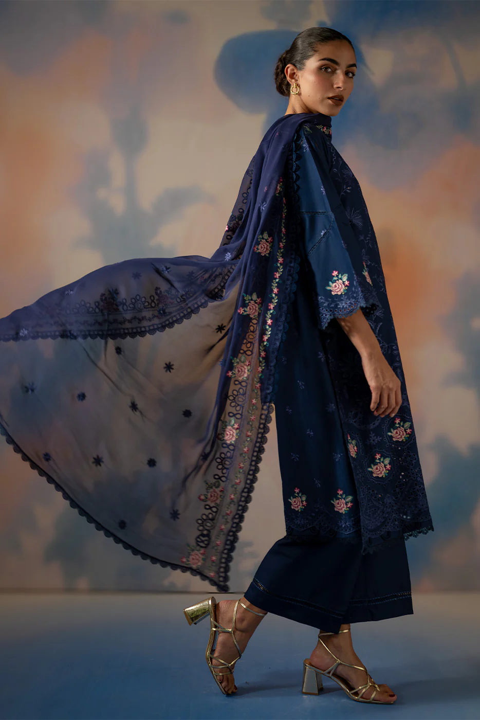 3 PIECE EMBROIDERED CHIKANKARI SUIT WITH BAMBER DUPATTA-COSMIC SAPPHIRE (UNSTITCHED) - Image 3