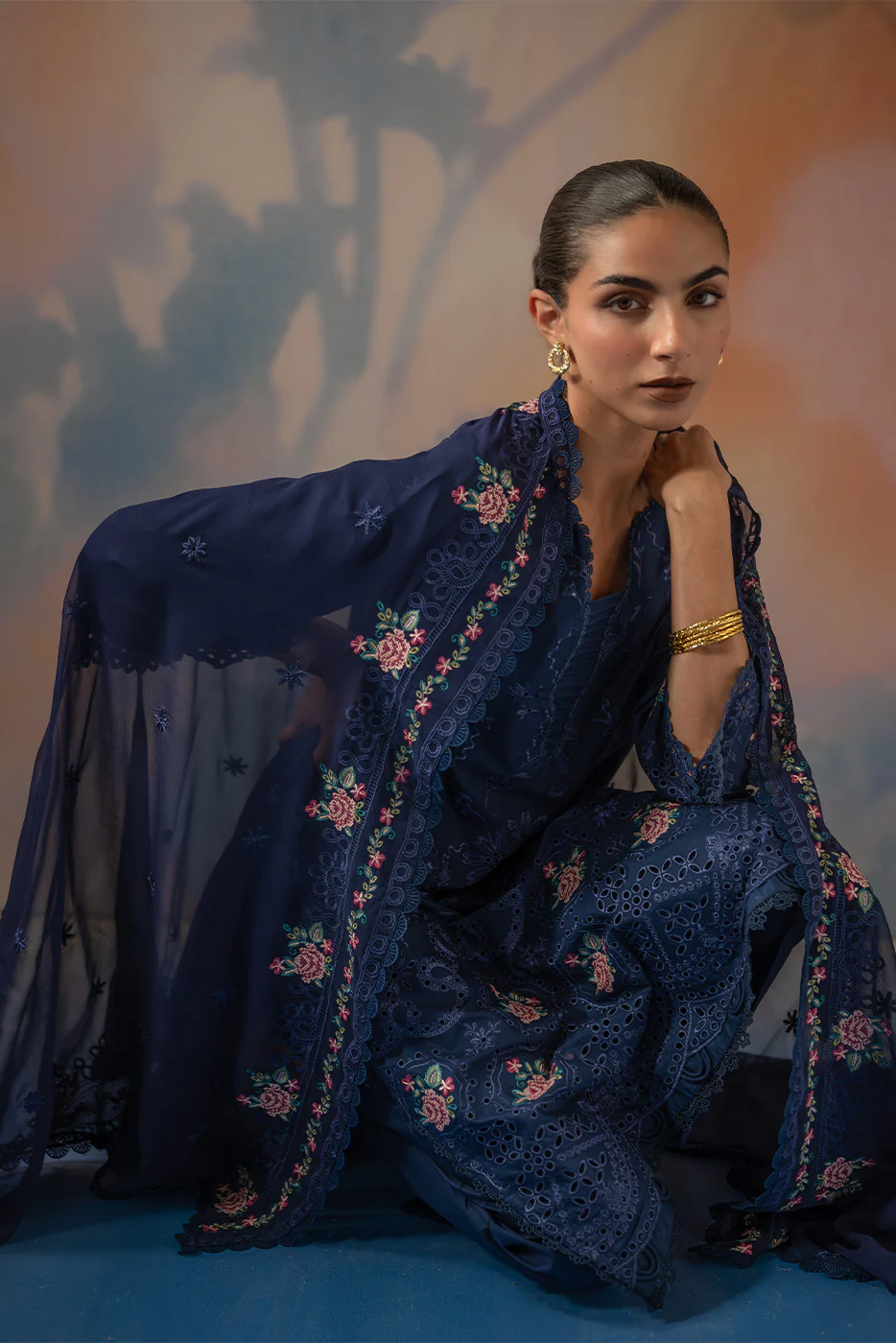 3 PIECE EMBROIDERED CHIKANKARI SUIT WITH BAMBER DUPATTA-COSMIC SAPPHIRE (UNSTITCHED) - Image 5