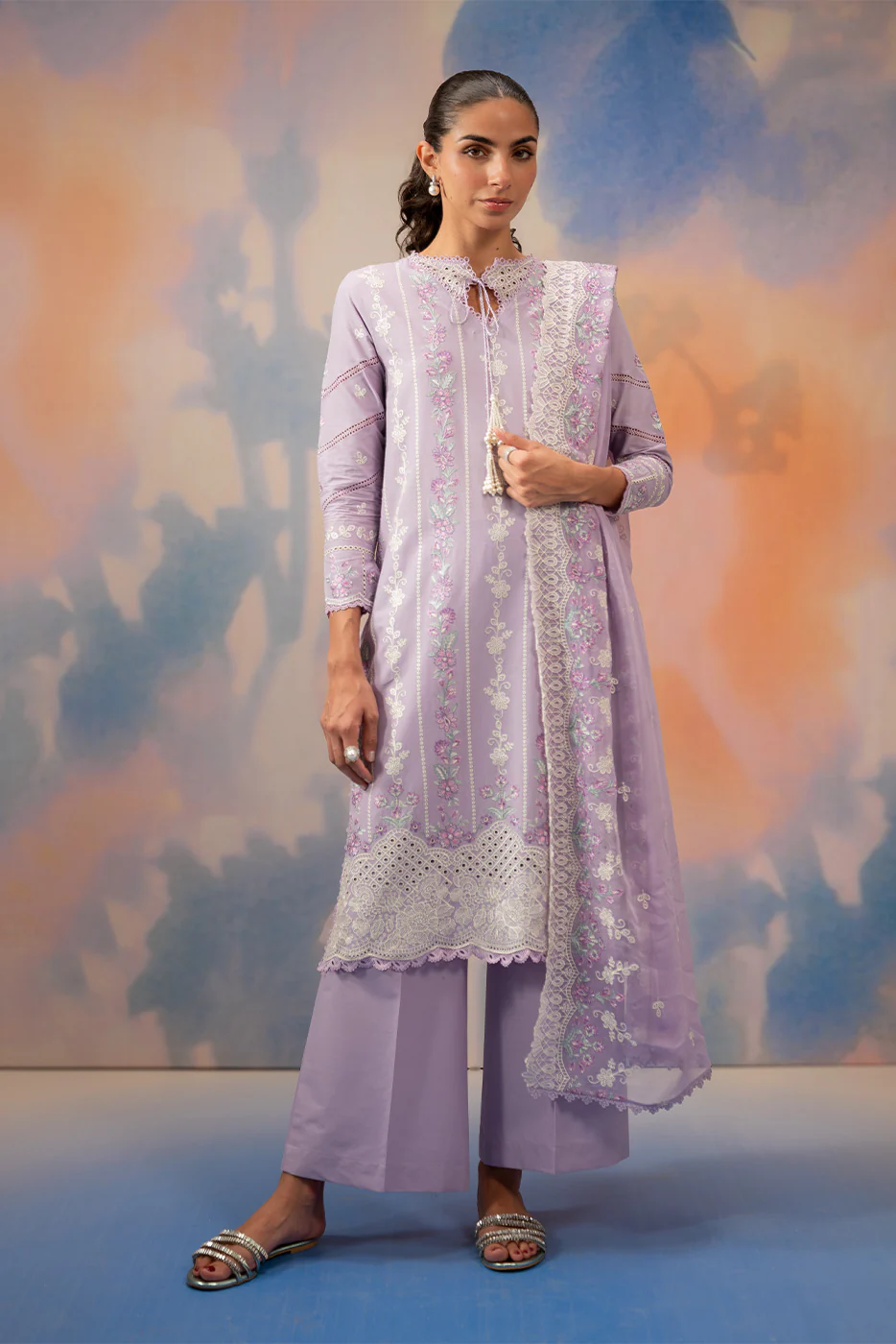 3 PIECE EMBROIDERED CHIKANKARI SUIT WITH BAMBER DUPATTA-LAVENDER LUXE (UNSTITCHED) - Image 2