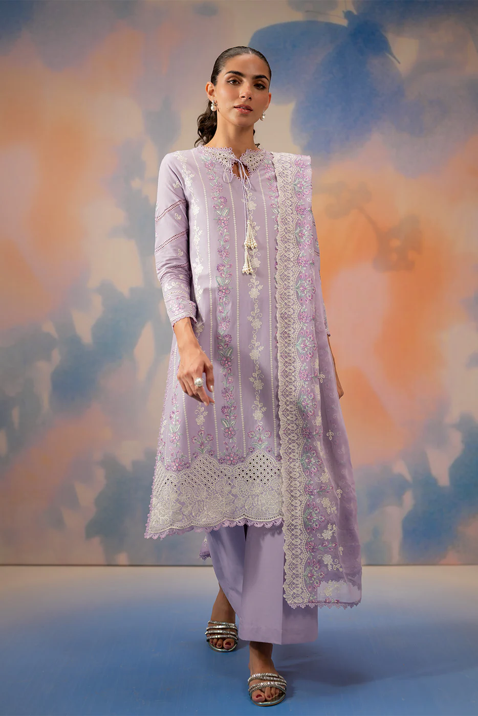 3 PIECE EMBROIDERED CHIKANKARI SUIT WITH BAMBER DUPATTA-LAVENDER LUXE (UNSTITCHED) - Image 3